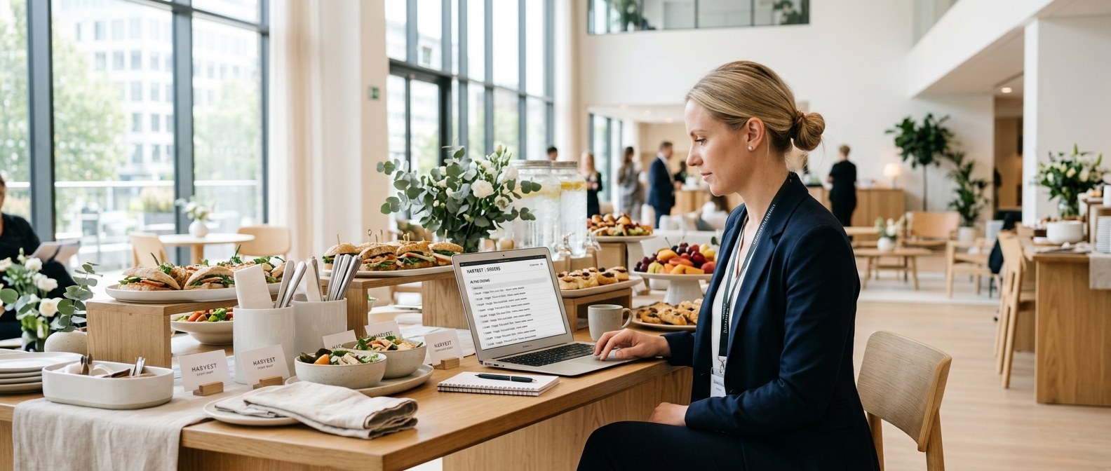 Catering-koordinator vid professionell bufféuppdukning med Order365 på laptop
