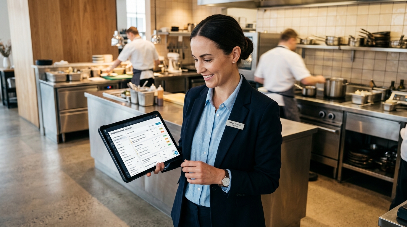 Restaurangchef hanterar cateringordrar i Order365 adminsystem via surfplatta